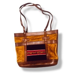 Vintage Bolivian 100% Leather Suede Tote Bag Handmade Andean Aztec Boho